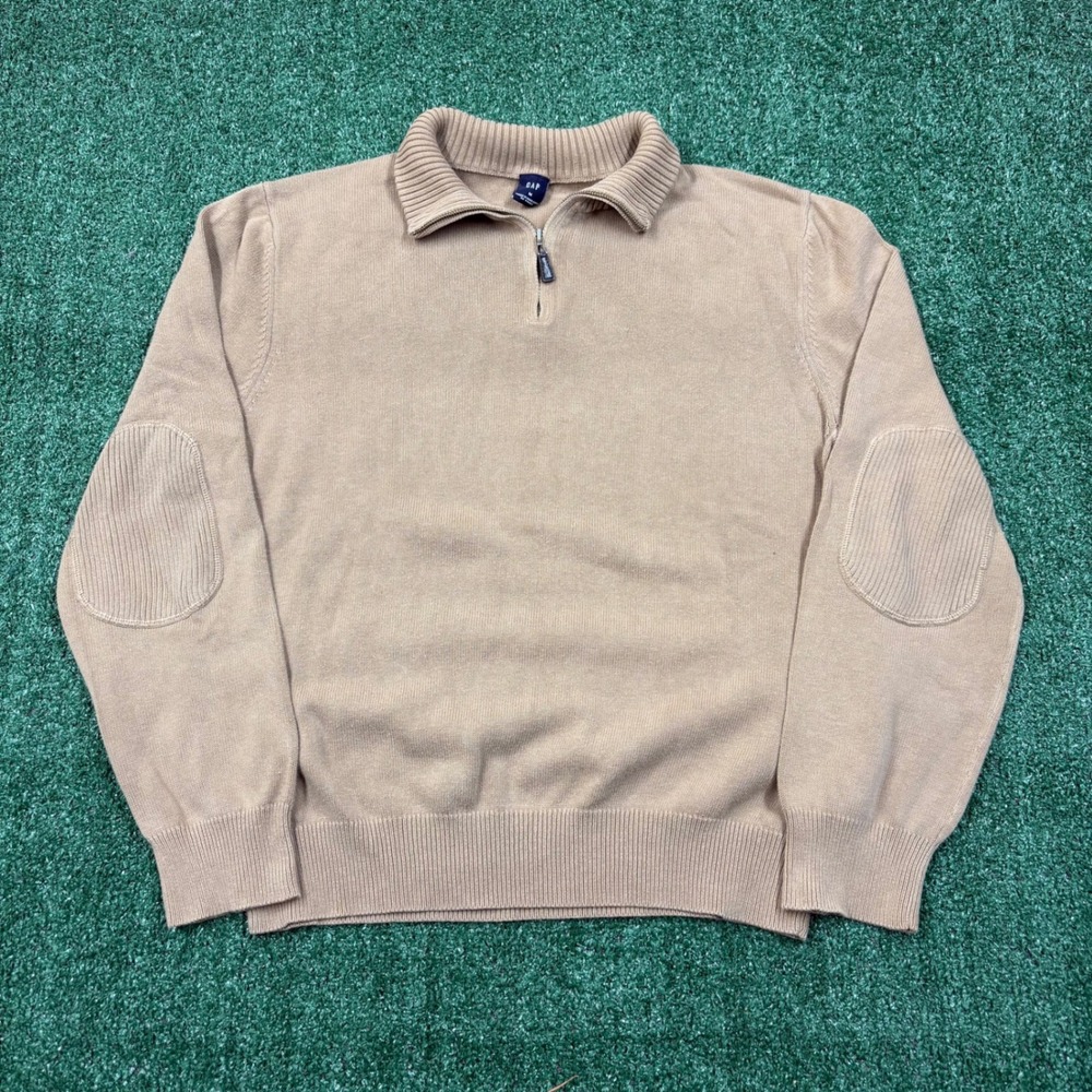 Gap Quarter Zip Sweater Elbow Patches Tan Khaki M